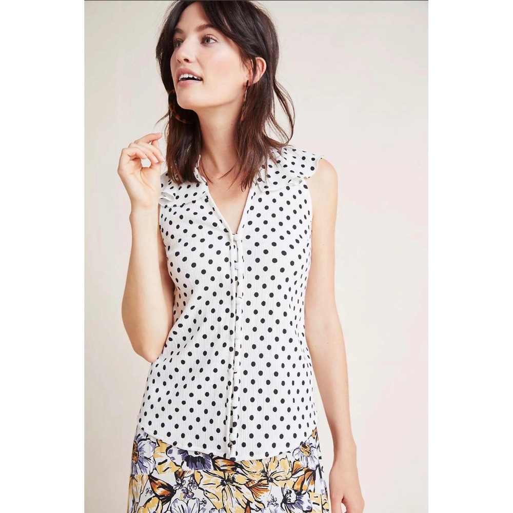 Anthropologie Chalmers Polka Dot Ruffle Sleeveless Button Front Top White Black